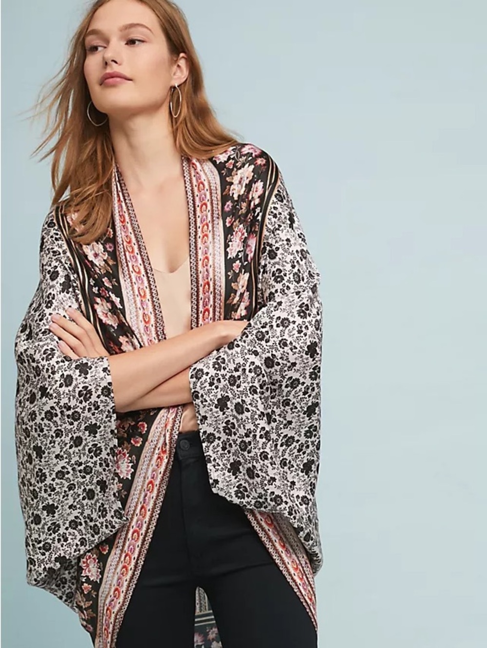 Kachel x Anthropologie Silk Blend Floral Mixed Print Kimono One Size Black